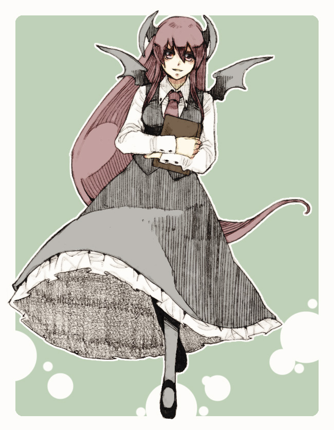 lan. (pixiv), ryuuzaki (ereticent), koakuma, embodiment of scarlet devil, touhou, 1girl, bat wings, book, female focus, head wings, long hair, necktie, pantyhose, red eyes, red hair, solo, wings