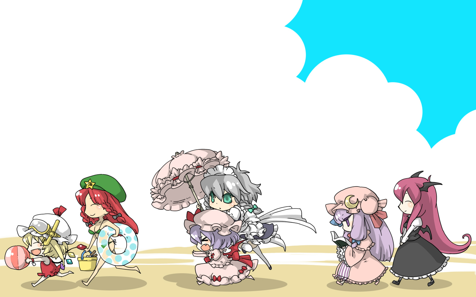 ::, lan. (pixiv), ryuuzaki (ereticent), flandre scarlet, hong meiling, izayoi sakuya, koakuma, patchouli knowledge, remilia scarlet, embodiment of scarlet devil, touhou, highres, md5 mismatch, resolution mismatch, source smaller, > <, 6+girls, :d, :o, aqua eyes, ball, barefoot, bat wings, beach, beachball, bikini, blonde hair, book, braid, bucket, chibi, closed eyes, diving mask, female focus, goggles, happy, head wings, innertube, long hair, maid, maid headdress, multiple girls, open book, open mouth, parasol, profile, purple hair, reading, red hair, running, short hair, smile, snorkel, swim ring, swimsuit, twin braids, umbrella, v arms, walking, wings