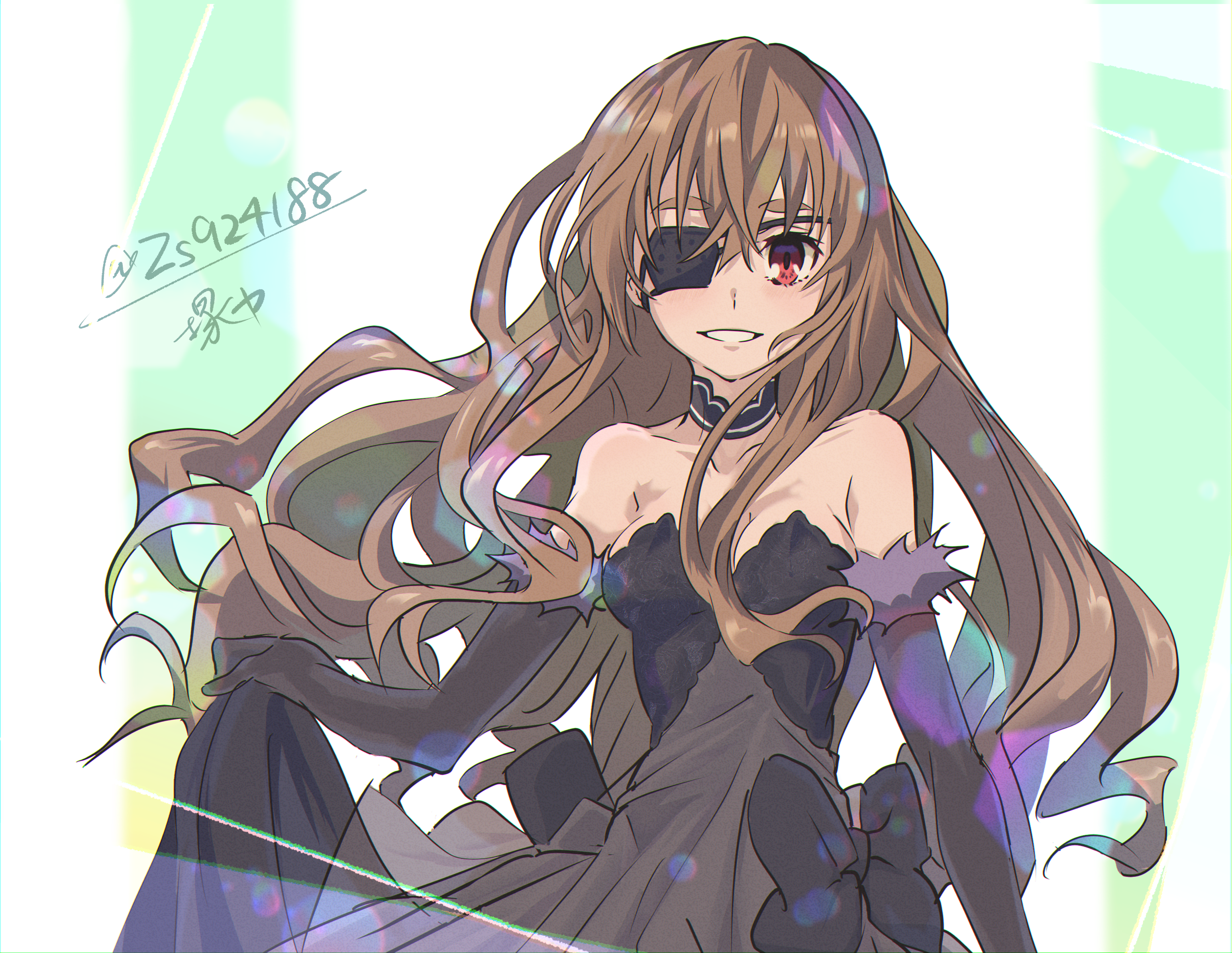 noel cerquetti, higyaku no noel, highres, 1girl, black dress, brown hair, choker, detached sleeves, dress, eyepatch, long hair, red eyes, smile, solo, zs924188