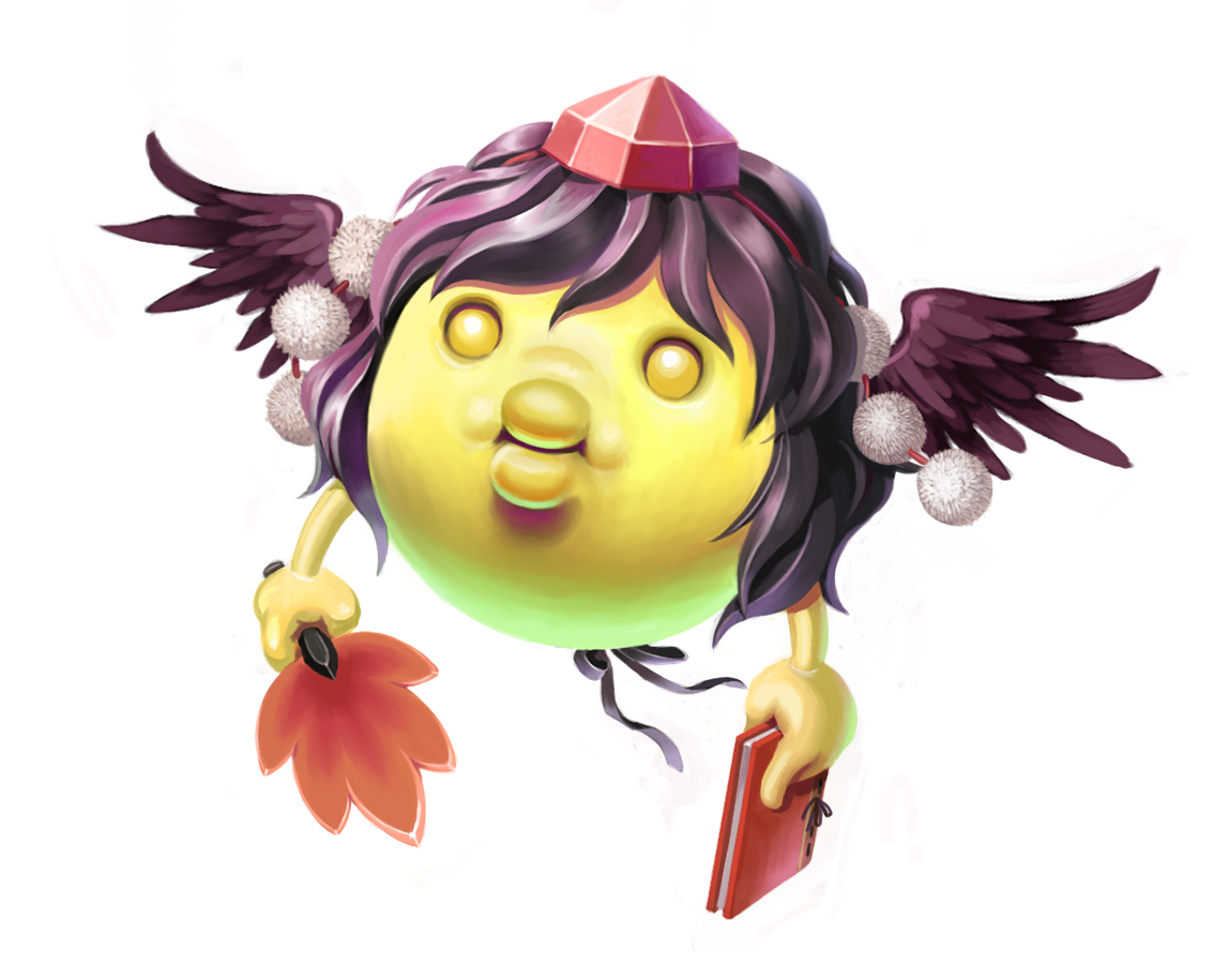 sakkan, onsokumaru, shameimaru aya, ninin ga shinobuden, touhou, black hair, black wings, book, camera, female focus, hat, no humans, o3o, parody, pun, ribbon, tokin hat, wings, yellow eyes