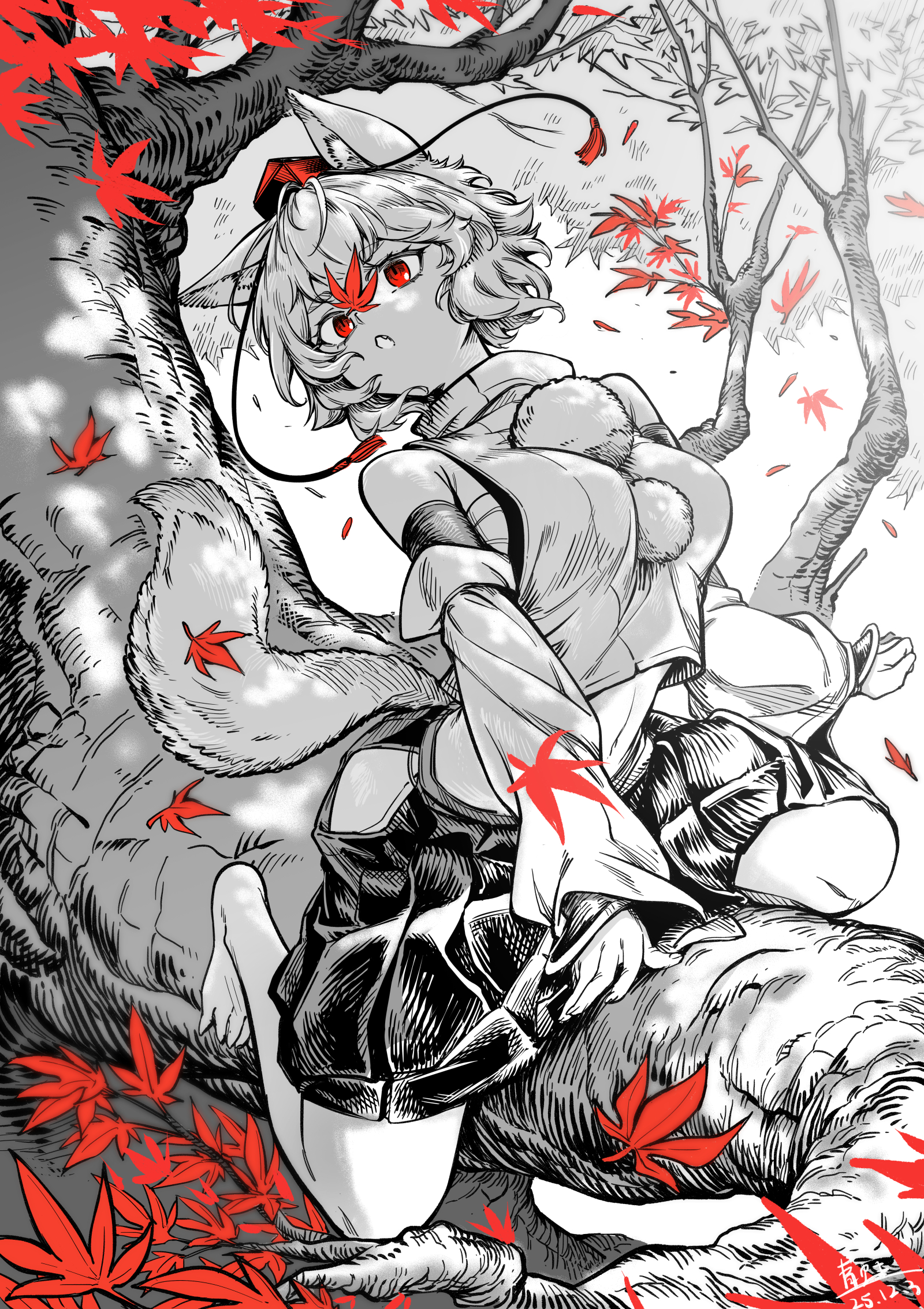 qingwa chi she, inubashiri momiji, touhou, highres, 1girl, animal ear fluff, animal ears, autumn leaves, bare shoulders, breasts, chest sarashi, clothing cutout, detached sleeves, full body, greyscale, hat, in tree, leaf, maple leaf, medium breasts, monochrome, outdoors, pom pom (clothes), red eyes, red hat, red leaf, sarashi, shirt, sitting, sitting in tree, sitting on branch, skirt, solo, spot color, stomach, tail, thigh cutout, tokin hat, tree, wolf ears, wolf tail