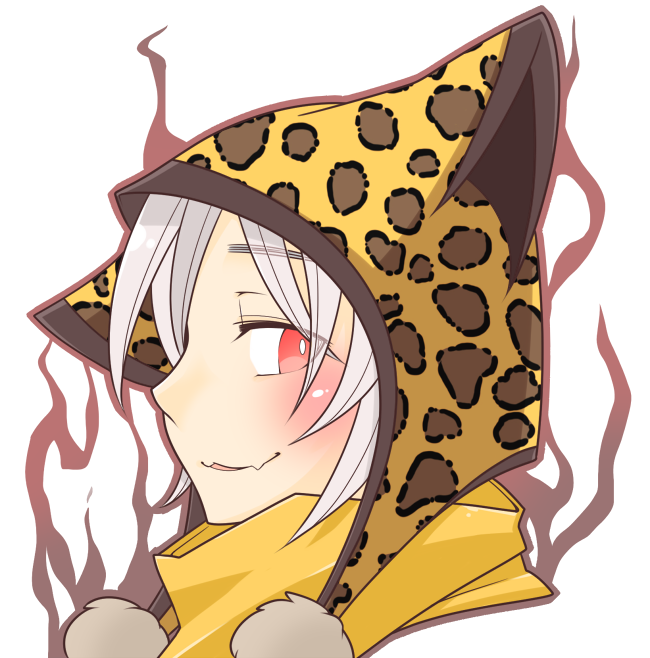 ranger (ragnarok online), ragnarok online, commentary request, 1boy, animal print, aura, fang, hat, leopard print, looking at viewer, male focus, oekakipikki, open mouth, pom pom (clothes), portrait, red eyes, scarf, short hair, simple background, skin fang, smile, solo, white background, yellow hat, yellow scarf