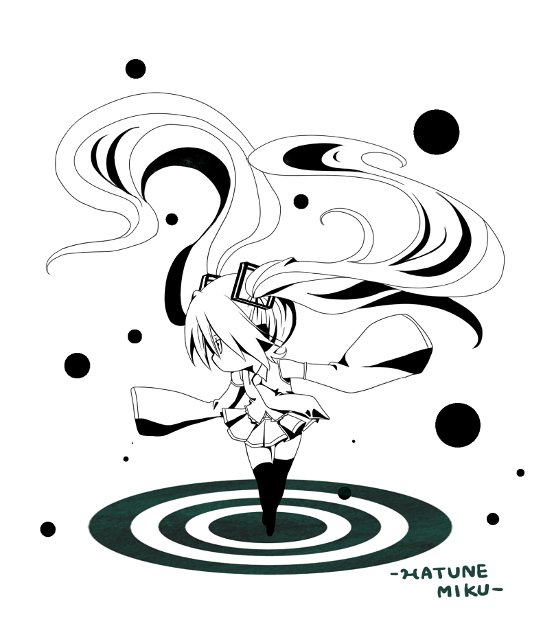 sss3, hatsune miku, vocaloid, bad id, bad piapro id, 1girl, chibi, detached sleeves, female focus, greyscale, long hair, monochrome, necktie, simple background, skirt, solo, thighhighs, twintails, very long hair, white background, zettai ryouiki