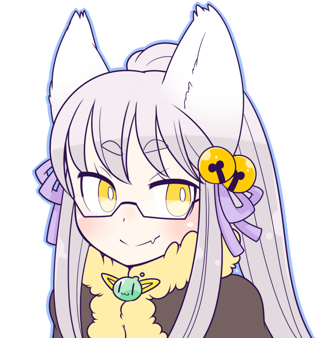 poporing, warlock (ragnarok online), ragnarok online, commentary request, 1girl, animal ear fluff, animal ears, bell, black-framed eyewear, brown cape, cape, closed mouth, fang, fox ears, fox girl, fur-trimmed cape, fur trim, glasses, grey hair, hair bell, hair ornament, hair ribbon, high ponytail, jingle bell, long hair, looking at viewer, oekakipikki, official alternate costume, ponytail, portrait, purple ribbon, ribbon, semi-rimless eyewear, simple background, skin fang, smile, solo, under-rim eyewear, white background, yellow eyes