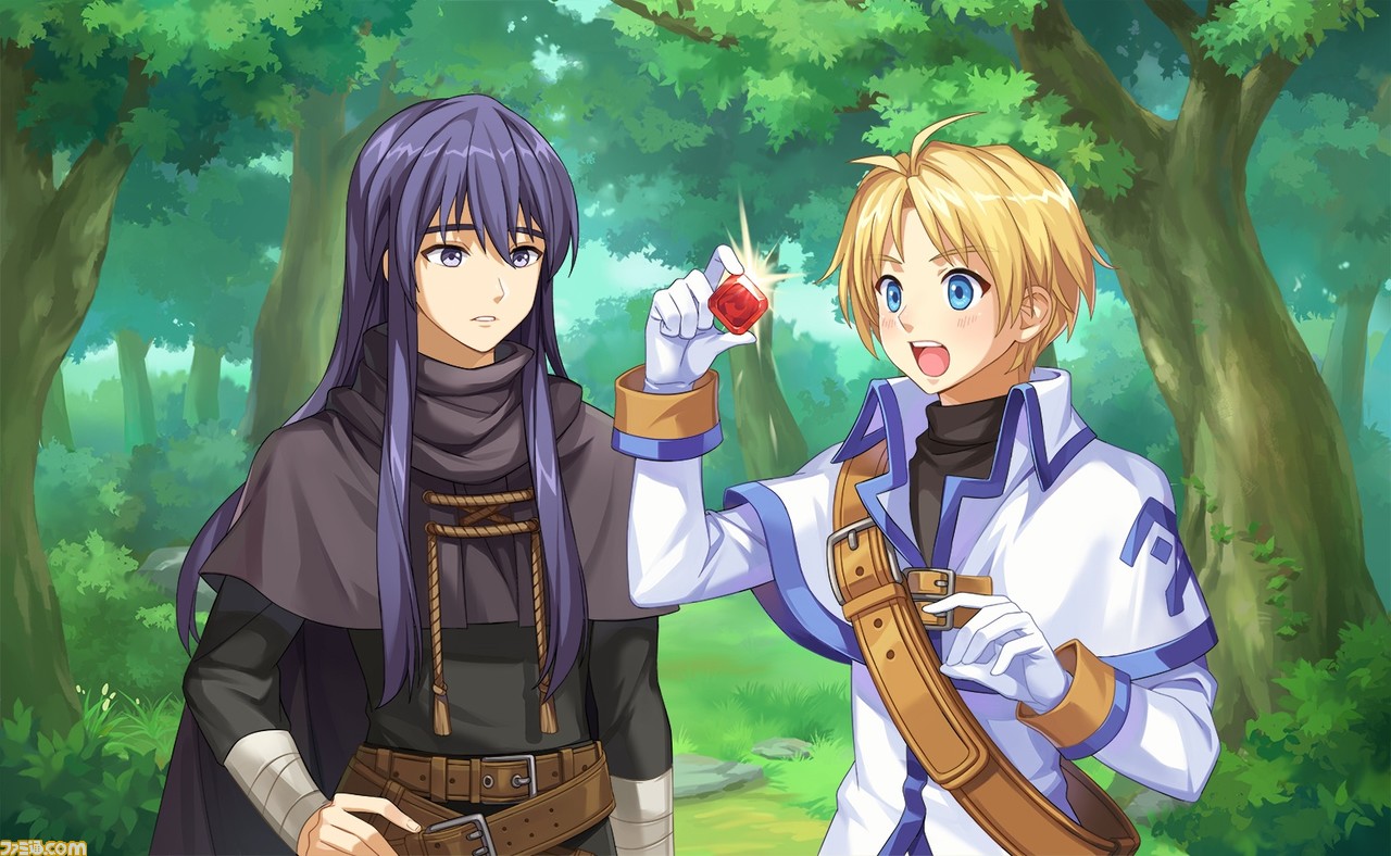 boris jinneman, lucian kaltz, famitsu, nexon, tales weaver, artist request, game cg, official art, second-party source, 1boy, 2boys, antenna hair, arm wrap, belt, belt buckle, black cape, black capelet, black hair, black pants, black shirt, black sleeves, blue eyes, blue trim, blush, brown belt, buckle, bush, cape, capelet, capelet belt, coat, crossed belts, curtained hair, forest, gem, gloves, green background, grey eyes, hair between eyes, hand on own hip, holding, holding gem, long hair, long sidelocks, long sleeves, looking at object, male focus, multiple belts, multiple boys, nature, open mouth, pants, parted lips, red gemstone, rock, shirt, short hair, shoulder belt, sidelocks, sleeve cuffs, sparkle, standing, straight hair, tales weaver: second run, tassel, teeth, three-quarter sleeves, tongue, tree, turtleneck, turtleneck capelet, turtleneck shirt, upper body, upper teeth only, watermark, white capelet, white coat, white gloves, white sleeves