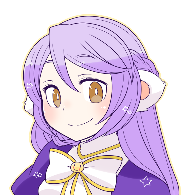 high priest (ragnarok online), ragnarok online, commentary request, 1girl, alternate color, animal ears, bear ears, blush, bow, bowtie, braid, brown eyes, closed mouth, dress, half up braid, long hair, looking at viewer, oekakipikki, portrait, purple dress, purple hair, simple background, smile, solo, two-tone dress, white background, white bow, white bowtie, white dress