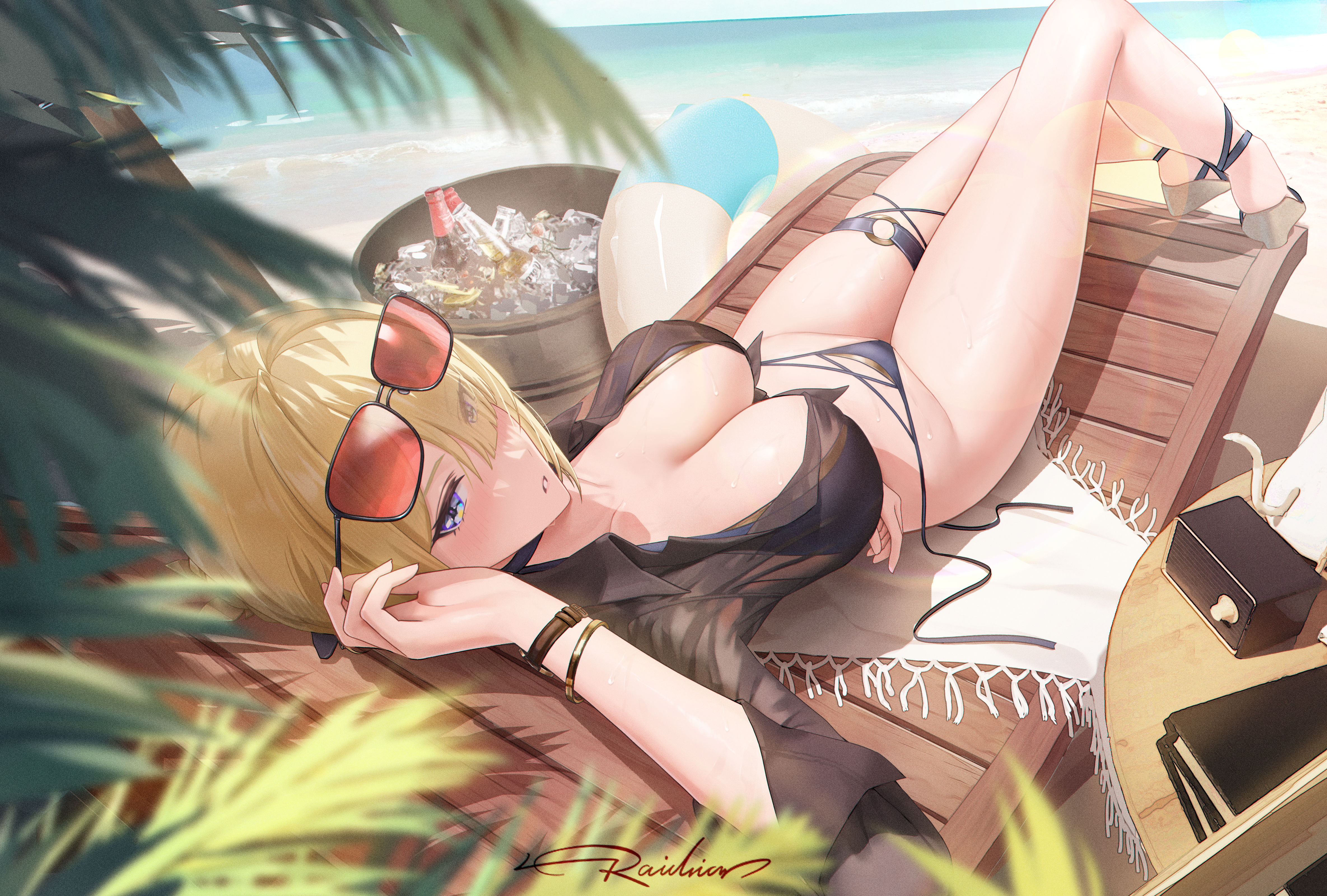 raidriar 18, evelyn chevalier, zenless zone zero, absurdres, commentary, highres, 1girl, alternate costume, beach, beach chair, bikini, black bikini, black shirt, blonde hair, blue eyes, blush, bottle, breasts, cleavage, eyewear on head, groin, hand up, large breasts, looking to the side, lying, o-ring, o-ring thigh strap, ocean, on back, orange-tinted eyewear, outdoors, parted lips, shirt, signature, solo, sunglasses, swimsuit, thigh strap, thighs, tied shirt, tinted eyewear, untied bikini bottom