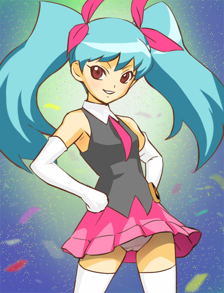 haruyama kazunori, natsukaze urara, netsuhashi! kame 1 grand prix, blue hair, bow, clothes lift, elbow gloves, gloves, hair bow, necktie, panties, pantyshot, red eyes, shirt, skirt, skirt lift, sleeveless, thighhighs, twintails, underwear, zettai ryouiki