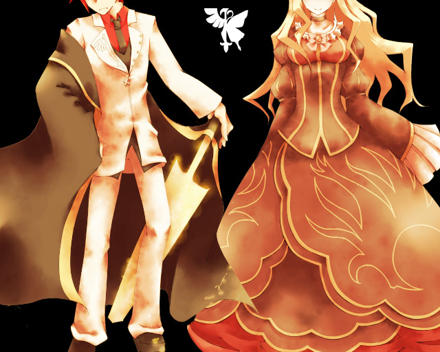 osthhnia, beatrice (umineko), ushiromiya battler, umineko no naku koro ni, bad id, bad pixiv id, 00s, 1boy, 1girl, blonde hair, choker, dress, frills, head out of frame, jacket, long hair, necktie, pants, red hair, ribbon, short hair, sword, tears, weapon