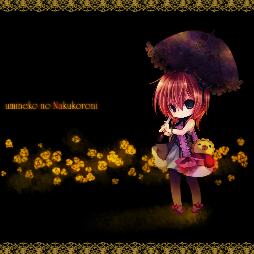 otsuo, sakutarou (umineko), ushiromiya maria, umineko no naku koro ni, bad id, bad pixiv id, 00s, 1girl, blue eyes, chibi, crown, dress, female focus, flower, jacket, mary janes, orange hair, rose, shoes, short hair, solo, stuffed animal, stuffed lion, stuffed toy, thighhighs, umbrella