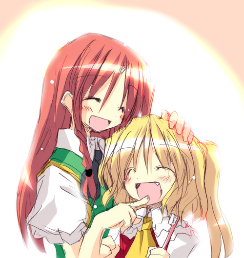 satou kibi, flandre scarlet, hong meiling, embodiment of scarlet devil, touhou, bad id, bad pixiv id, 2girls, :d, ^ ^, blush, closed eyes, fang, female focus, happy, headpat, multiple girls, no headwear, open mouth, smile, toothbrush