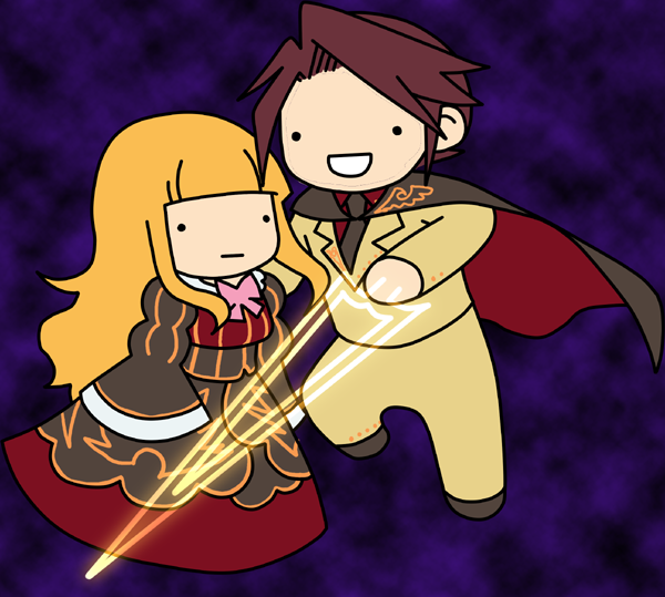 kashiwa kiseri, beatrice (umineko), ushiromiya battler, umineko no naku koro ni, 00s, :d, blonde hair, cape, chibi, dress, frills, jacket, long hair, necktie, open mouth, red hair, smile, sword, weapon, wide face
