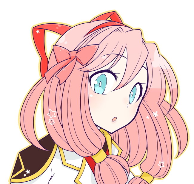 genetic (ragnarok online), ragnarok online, commentary request, 1girl, :o, blazer, blue eyes, blush, bow, hair bow, hair ribbon, hair tubes, hairband, jacket, long hair, looking at viewer, oekakipikki, official alternate costume, open mouth, pink bow, portrait, red hairband, red ribbon, red shirt, ribbon, shirt, simple background, solo, white background, white jacket