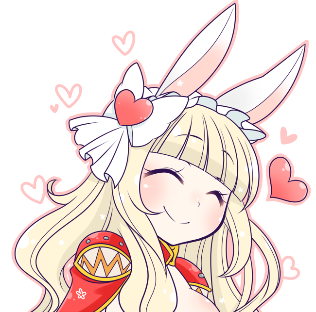 creator (ragnarok online), ragnarok online, commentary request, 1girl, animal ears, blonde hair, blunt bangs, blush, bow, breasts, cape, closed eyes, closed mouth, hair bow, hair ornament, heart, heart hair ornament, large breasts, long hair, oekakipikki, portrait, rabbit ears, rabbit girl, red cape, simple background, smile, solo, white background, white bow