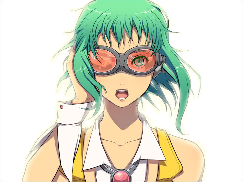 uprightleftdownchuchuchu, gumi, vocaloid, bad id, bad piapro id, 1girl, female focus, goggles, green eyes, green hair, headphones, matching hair/eyes, open mouth, short hair, simple background, solo, white background, wrist cuffs