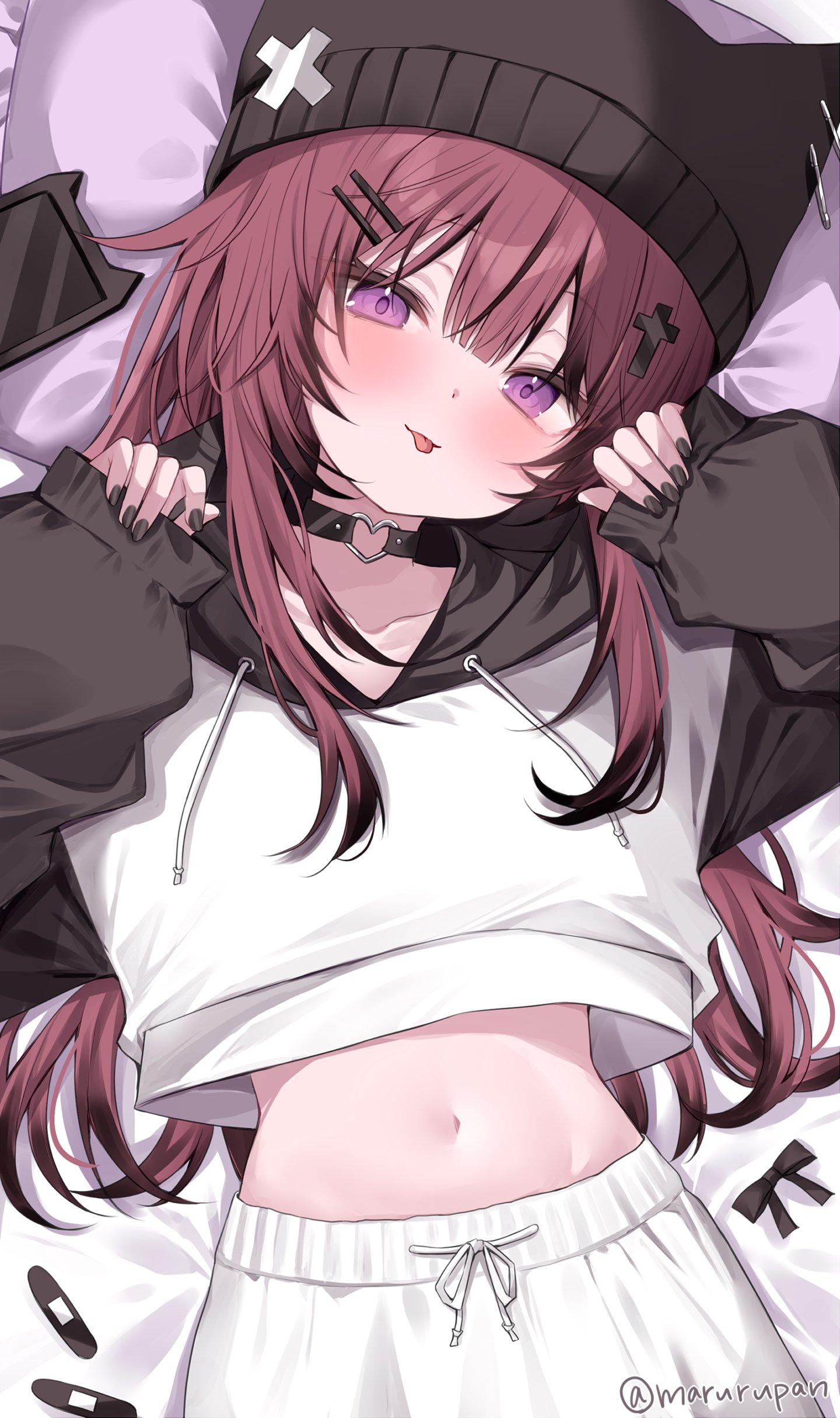 maruru (marurupan), original, absurdres, commentary request, highres, 1girl, beanie, black choker, black hat, black nails, black sleeves, brown hair, choker, closed mouth, cowboy shot, cross hair ornament, double-parted bangs, hair ornament, hair spread out, hairclip, hands up, hat, head on pillow, heart, heart o-ring, long hair, long sleeves, looking at viewer, lying, midriff, navel, o-ring, o-ring choker, on bed, on stomach, pants, parallel hairclips, pillow, purple eyes, sleeves past wrists, solo, tongue, tongue out, twitter username, two-tone hoodie, white pants