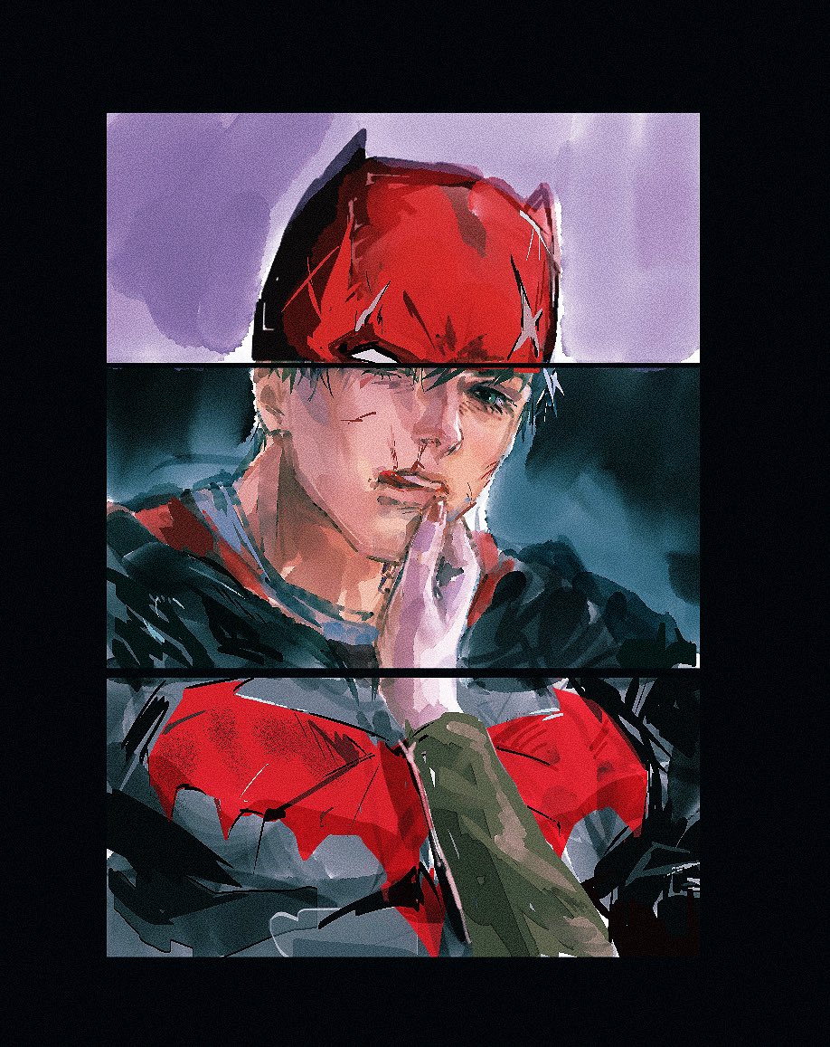 jason todd, red hood (dc), batman (series), dc comics, commentary, english commentary, 1boy, aged up, bat signal, batman symbol, black bodysuit, black hair, bodysuit, facial scar, looking at viewer, male focus, multicolored bodysuit, multicolored hair, multiple scars, muscular, muscular male, scar, scar on cheek, scar on face, short hair, sketch, streaked hair, superhero costume, taut bodysuit, thick eyebrows, two-tone bodysuit, two-tone hair, upper body, white hair, wishng167614
