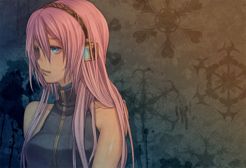 uprightleftdownchuchuchu, megurine luka, vocaloid, bad id, bad piapro id, 1girl, blue eyes, female focus, headphones, long hair, pink hair, solo
