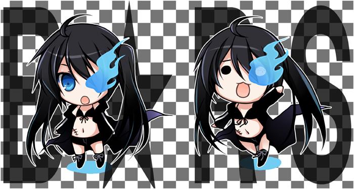 purinpurin, black rock shooter (character), black rock shooter, bad id, bad pixiv id, 10s, :3, bikini, bikini top only, black hair, blue eyes, chibi, coat, glowing, glowing eyes, long hair, star (symbol), swimsuit, twintails, uneven twintails