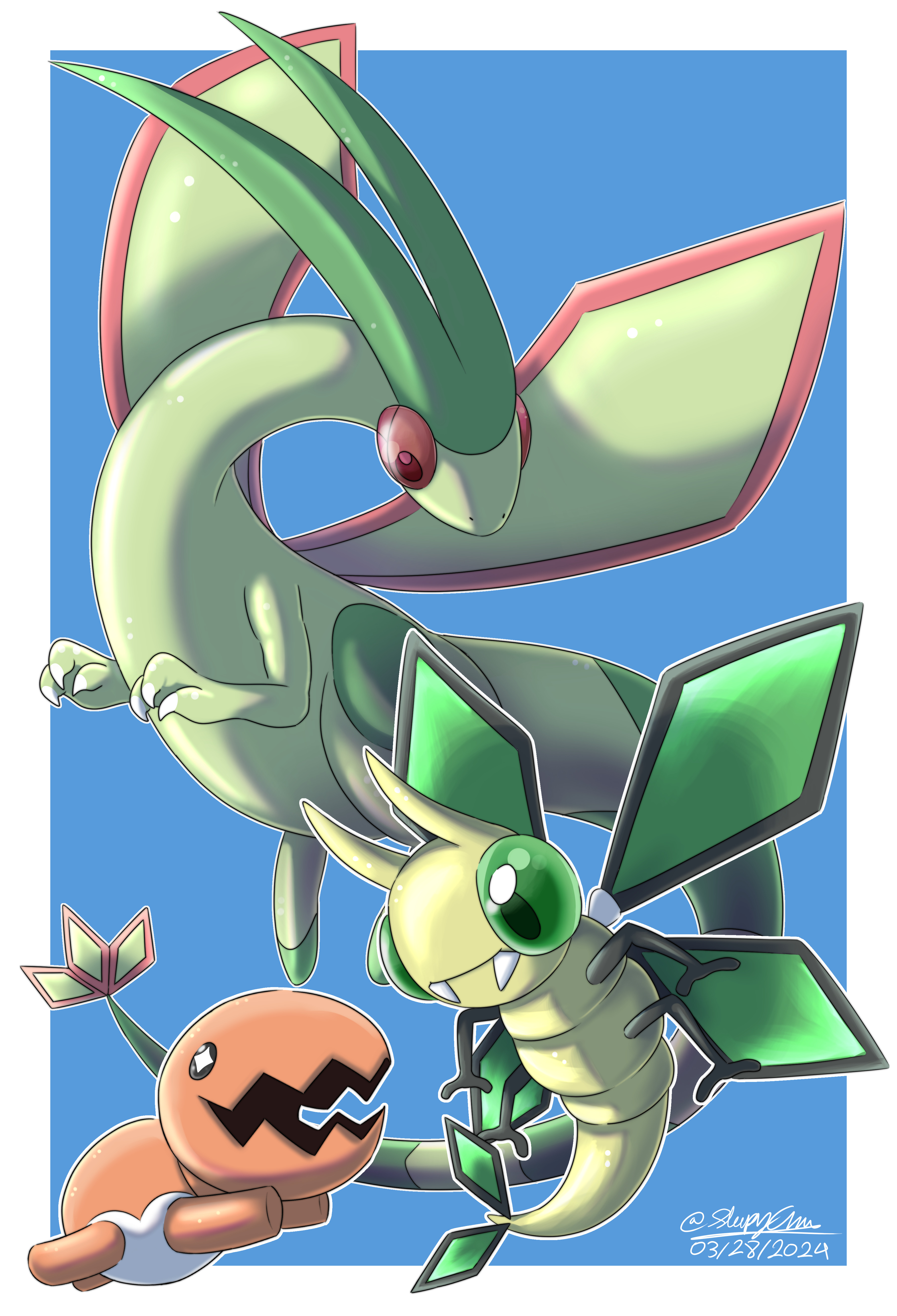 flygon, trapinch, vibrava, nintendo, pokemon, absurdres, highres, antennae, artist name, blue dress, border, claws, dated, dress, evolutionary line, fangs, gen 3 pokemon, no humans, open mouth, outside border, pokemon (creature), signature, sleepyana04, tail, white border, wings