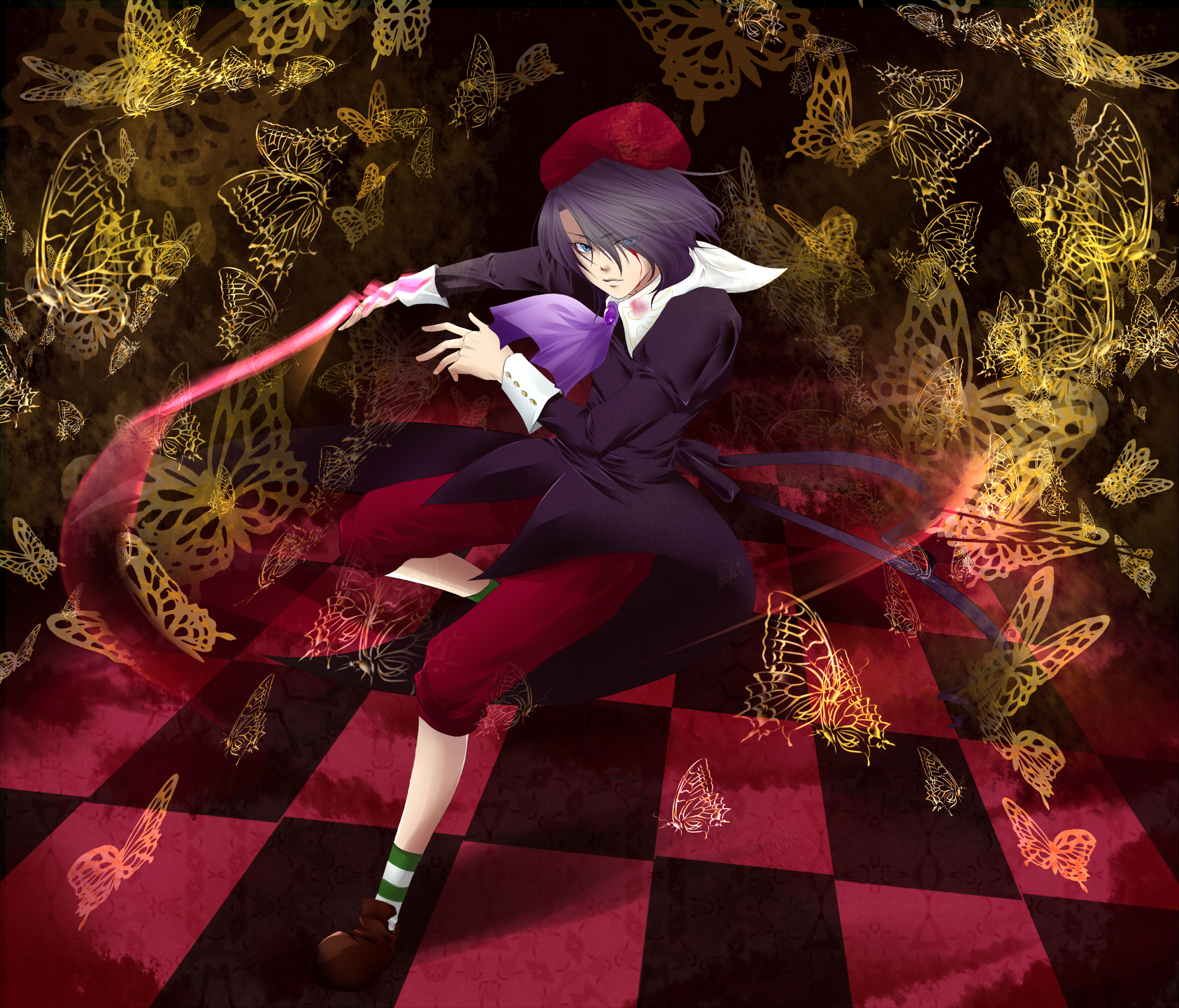 kuronoe, kanon (umineko), umineko no naku koro ni, absurdres, bad id, bad pixiv id, highres, 00s, 1boy, black eyes, black hair, bug, butterfly, hat, insect, male focus, solo, sword, weapon