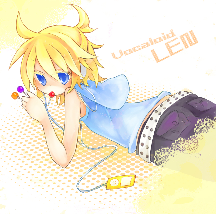 togata, kagamine len, vocaloid, bad id, bad pixiv id, 1boy, belt, blonde hair, blue eyes, candy, casual, food, headphones, hood, hoodie, ipod, ipod nano, ipod nano 4g, lollipop, looking back, lying, male focus, mp3 player, on stomach, short hair, shorts, solo