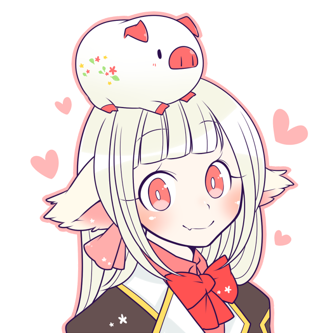 genetic (ragnarok online), ragnarok online, commentary request, 1girl, animal, animal ears, animal on head, blonde hair, blunt bangs, blush, bow, bowtie, brown cape, cape, cat ears, cat girl, closed mouth, jacket, long hair, looking at viewer, oekakipikki, official alternate costume, on head, piglet, pink eyes, pink shirt, portrait, red bow, red bowtie, shirt, simple background, smile, solo, white background, white jacket