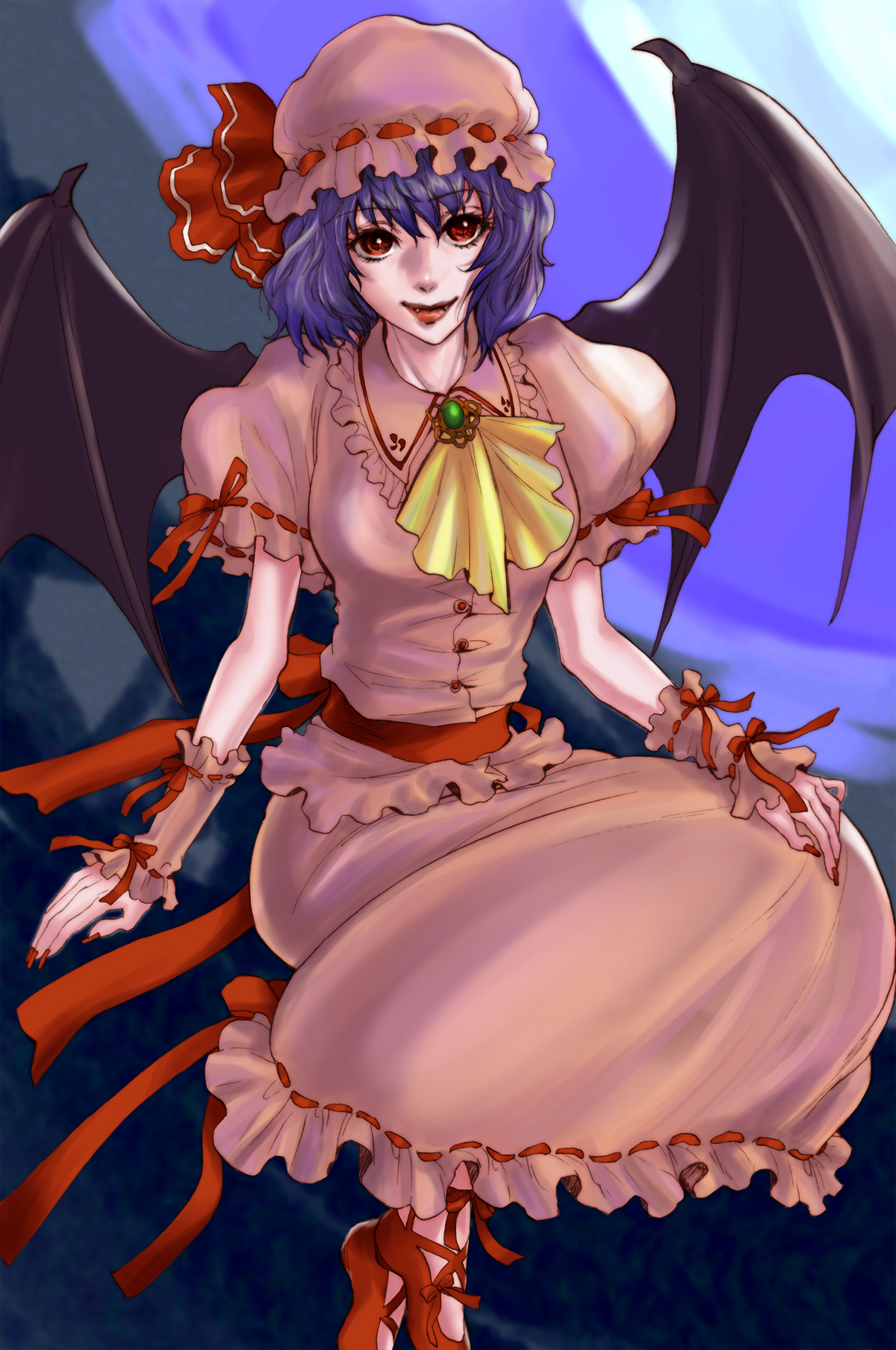 gekkousha, remilia scarlet, touhou, bad id, bad pixiv id, highres, 1girl, bat wings, blue hair, female focus, hat, red eyes, shoes, short hair, sitting, solo, wings