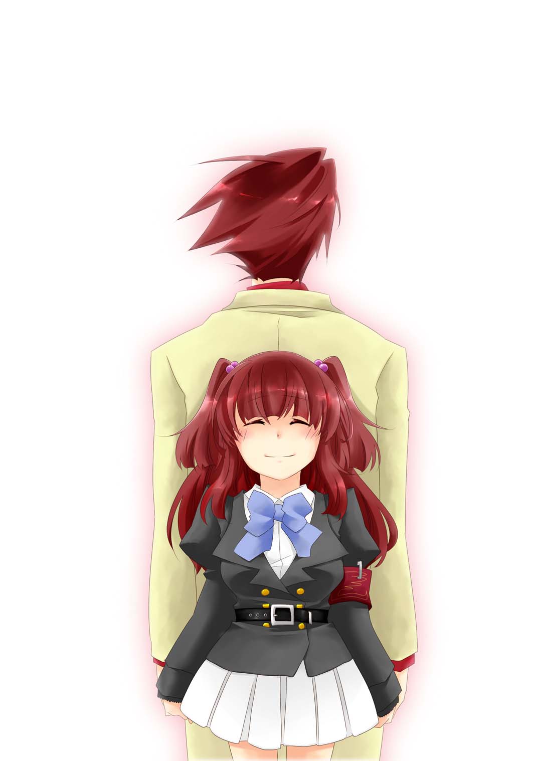 kiriko, ushiromiya ange, ushiromiya battler, umineko no naku koro ni, highres, 00s, 1boy, 1girl, armband, back, back-to-back, belt, blush, brother and sister, closed eyes, frills, hair bobbles, hair ornament, height difference, jacket, red hair, ribbon, short hair, siblings, skirt, smile, twintails