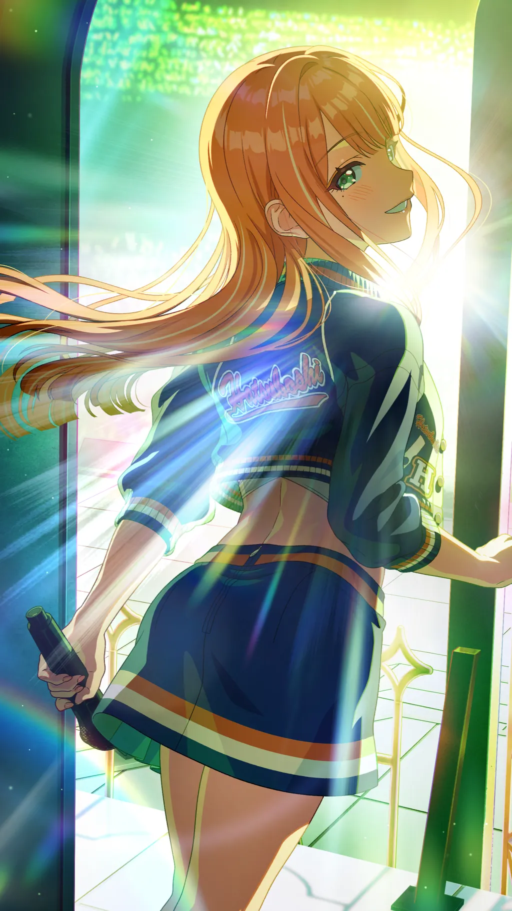 shiun sumika, gakuen idolmaster, idolmaster, game cg, official art, blonde hair, campus mode!! (idolmaster), cursive, green eyes, holding, holding microphone, idol clothes, looking back, microphone, mulitcoloured hair, orange hair, smile