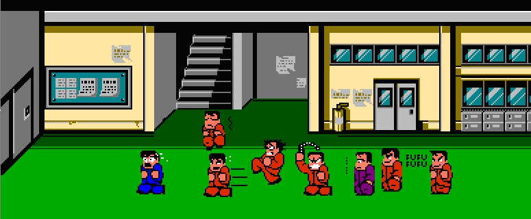 kinoshita, mochizuki (damekamoshirenn), taira, kobayashi masao, kunio-kun, kunio-kun (character), toudou mamoru, yamada taiki, yoshino, downtown nekketsu monogatari, 6+boys, ambush, black hair, chasing, clenched teeth, closed eyes, fighting, flying sweatdrops, gakuran, indoors, male focus, multiple boys, school, school uniform, short hair, teeth, violence