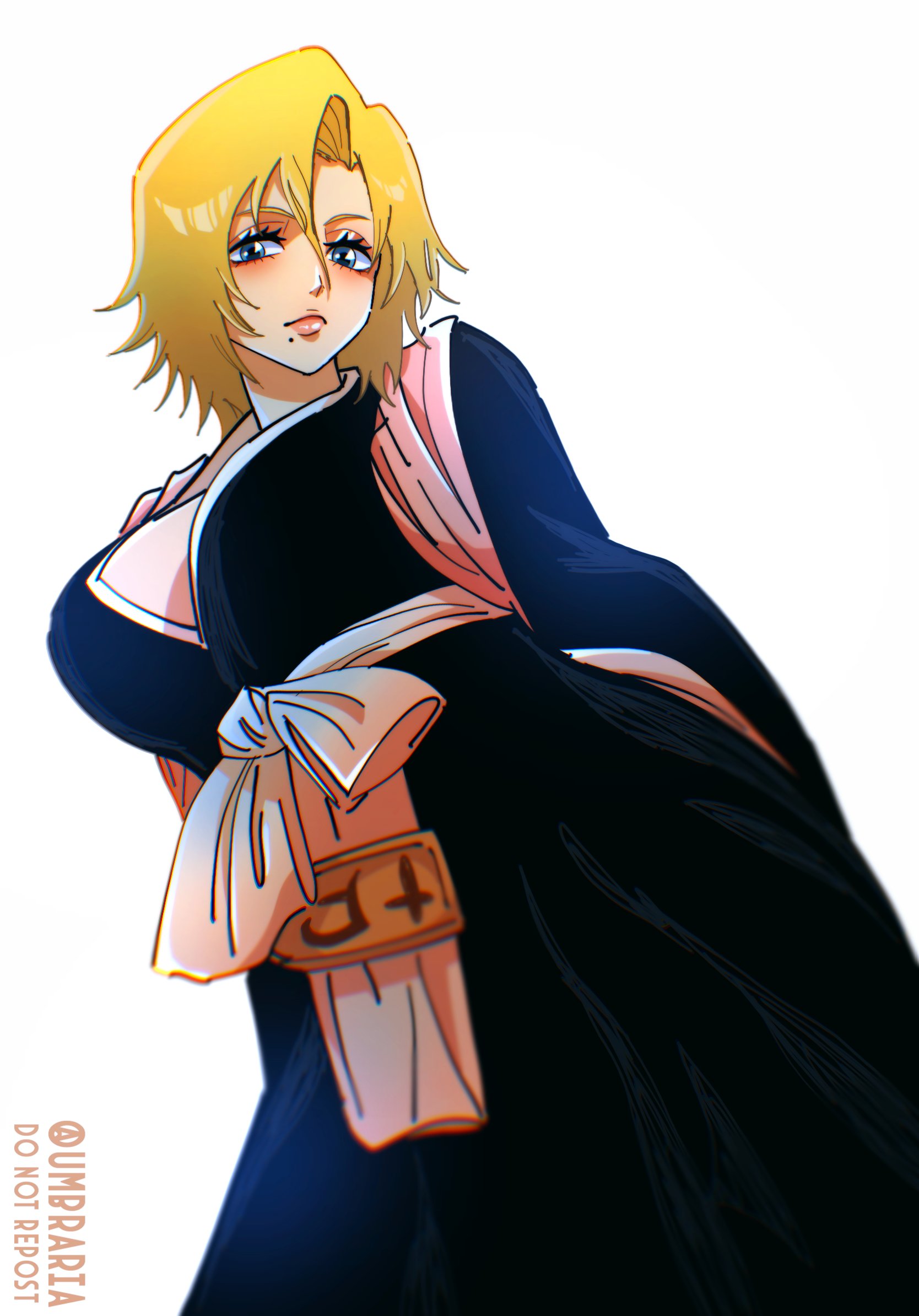 umbraria, matsumoto rangiku, bleach, 1girl, blonde hair, blue eyes, breasts, large breasts, medium hair, mole, mole under mouth, shihakusho, solo