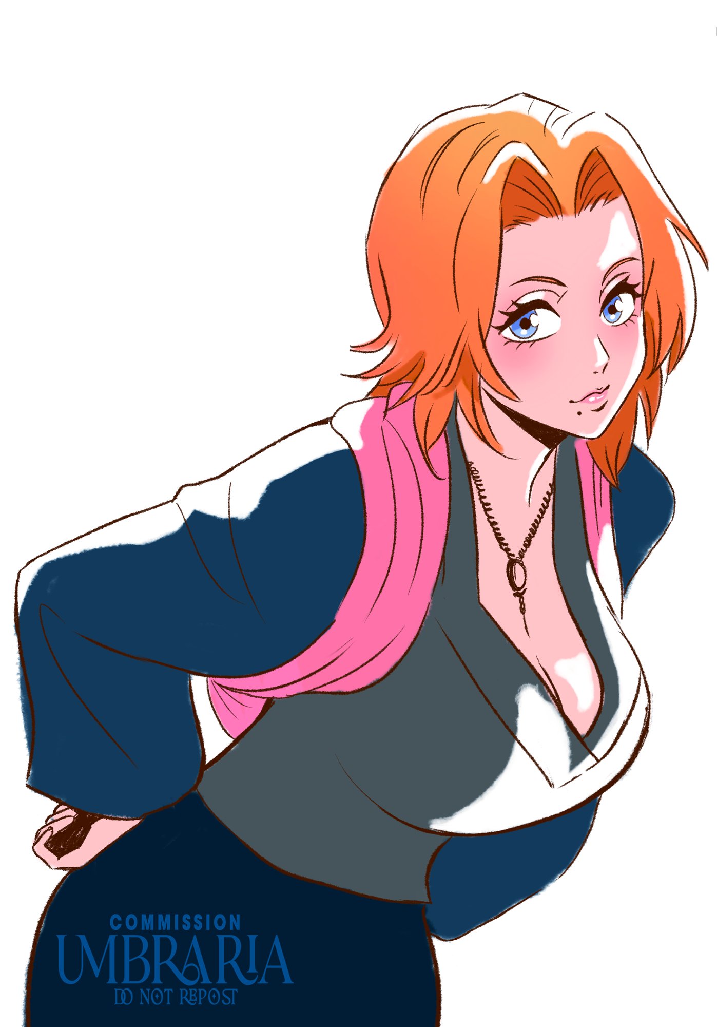 umbraria, matsumoto rangiku, bleach, 1girl, blue eyes, breasts, cleavage, large breasts, looking at viewer, medium hair, mole, mole under mouth, orange hair, solo
