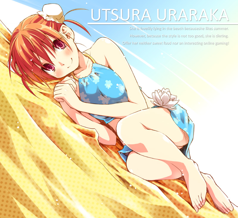 eretto, original, 1girl, barefoot, bikini, blush, brown hair, english text, engrish text, feet, female focus, lying, pink eyes, ranguage, short hair, smile, solo, swimsuit