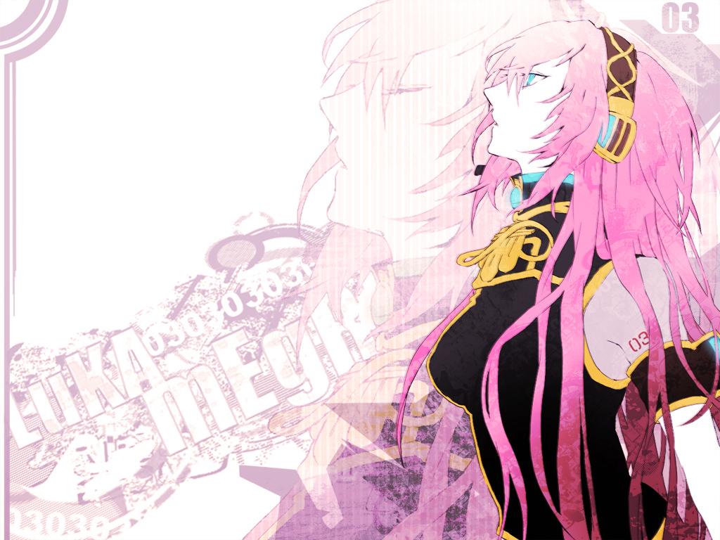 arisaka ako, megurine luka, vocaloid, bad id, bad piapro id, 1girl, aqua eyes, breasts, female focus, headphones, long hair, pink hair, solo