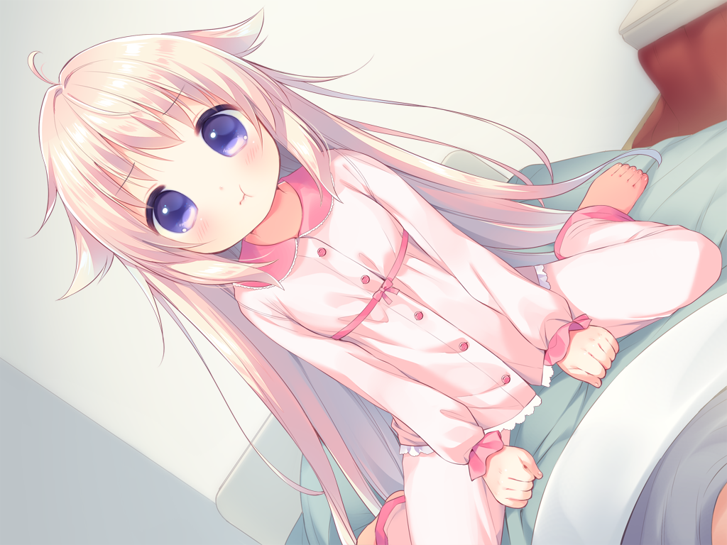 usashiro mani, suzuka (yubikiri konyaku roriita), yubikiri konyaku roriita, game cg, large variant set, non-web source, variant set, 1boy, 1girl, :t, ahoge, barefoot, blue eyes, blush, buttons, closed mouth, collared shirt, full body, indoors, long hair, long sleeves, looking at viewer, pajamas, pants, pink hair, pink pajamas, pink pants, pink shirt, shirt, sitting, sitting on person, solo focus, wariza