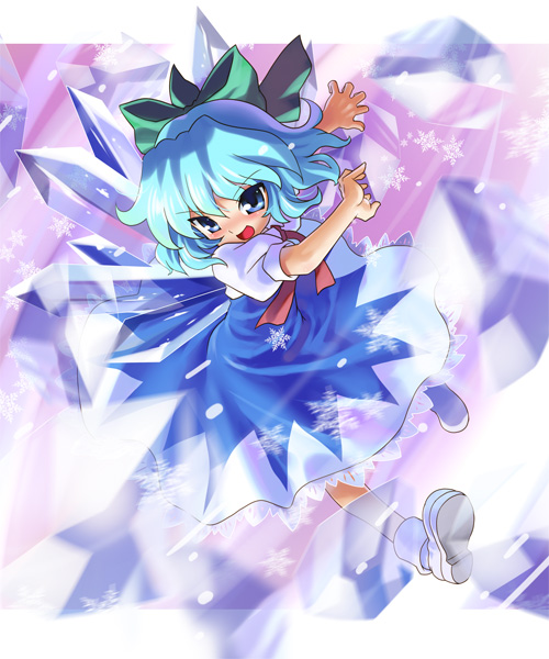 katahira masashi, cirno, touhou, touhou hisoutensoku, >:), 1girl, :d, blue eyes, blue hair, bow, female focus, hair bow, ice, matching hair/eyes, open mouth, short hair, smile, snowflakes, solo, v-shaped eyebrows, wings