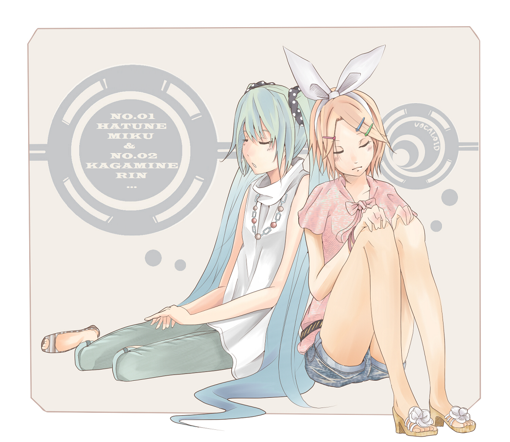 yakitori (artist), hatsune miku, kagamine rin, vocaloid, 2girls, aqua hair, blonde hair, closed eyes, hair ornament, hair ribbon, hairclip, long hair, multiple girls, ribbon, short hair, short shorts, shorts, sitting, twintails, very long hair