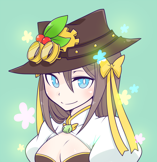 arch bishop (ragnarok online), poporing, ragnarok online, commentary request, 1girl, blue eyes, blush, breasts, brown dress, brown hair, brown hat, cleavage, cleavage cutout, closed mouth, clothing cutout, dress, floral background, goggles, goggles on headwear, green background, hat, juliet sleeves, long sleeves, looking at viewer, medium breasts, oekakipikki, puffy sleeves, smile, solo, two-tone dress, upper body, white dress