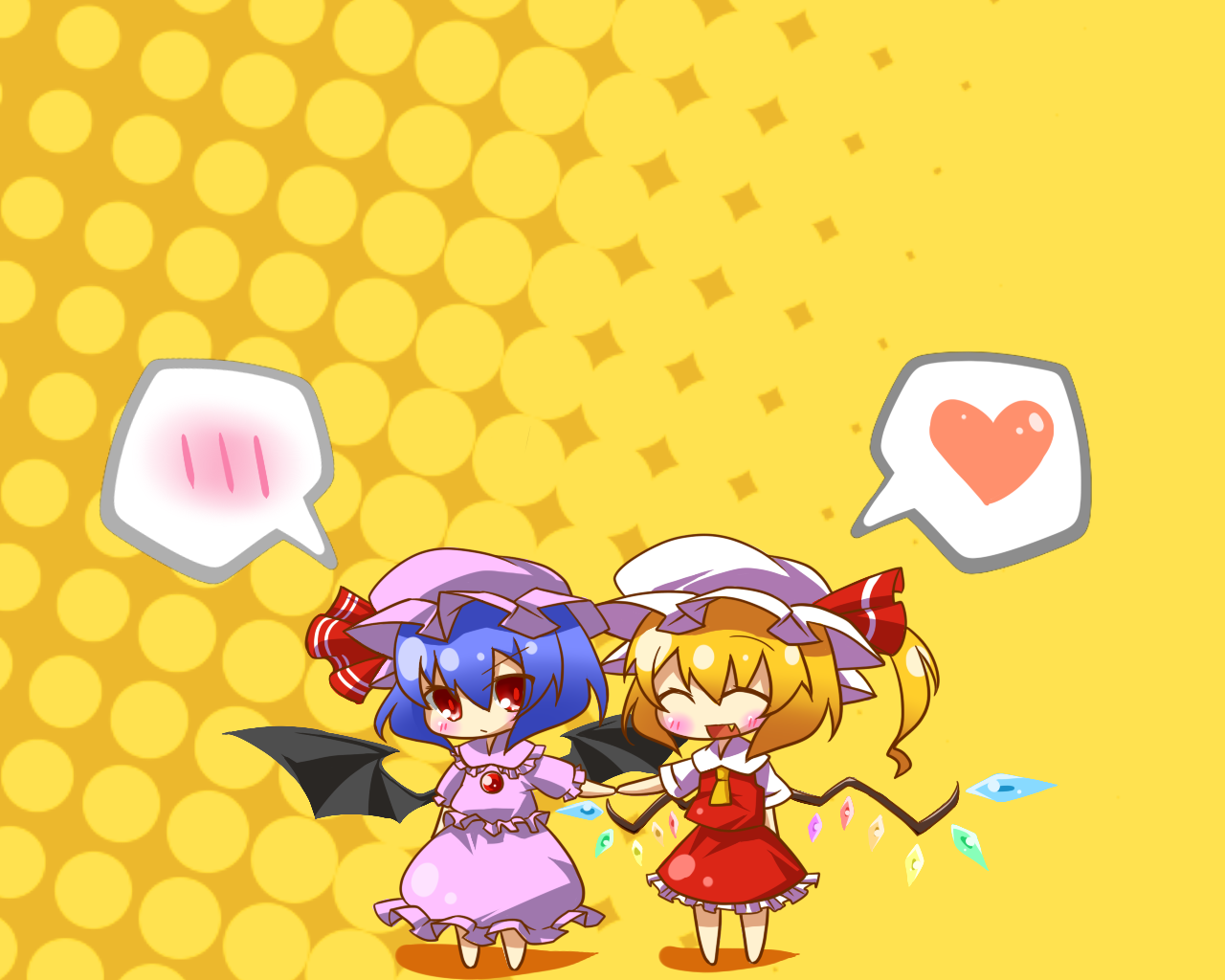 eiri (eirri), flandre scarlet, remilia scarlet, touhou, purple headwear, white headwear, bad id, bad pixiv id, 2girls, :d, ^ ^, barefoot, bat wings, blonde hair, blue hair, blush, blush stickers, chibi, closed eyes, fang, female focus, frilled shirt, frilled skirt, frills, full body, halftone, halftone background, happy, hat, heart, holding hands, looking at viewer, mob cap, multiple girls, open mouth, petticoat, polka dot, polka dot background, ponytail, purple shirt, purple skirt, red eyes, red skirt, shirt, short hair, siblings, side ponytail, sisters, skirt, skirt set, smile, spoken blush, spoken heart, standing, wings, yellow background