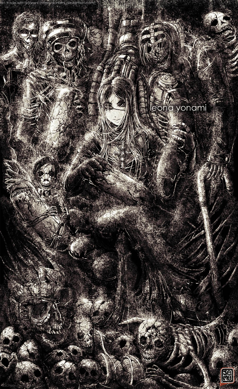 j-e-m-g, highres, 1girl, brown theme, eyepatch, monochrome, skeleton, skull