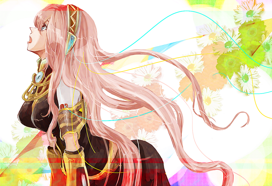 sachirou, megurine luka, vocaloid, 1girl, aqua eyes, breasts, female focus, headphones, long hair, open mouth, pink hair, skirt, solo