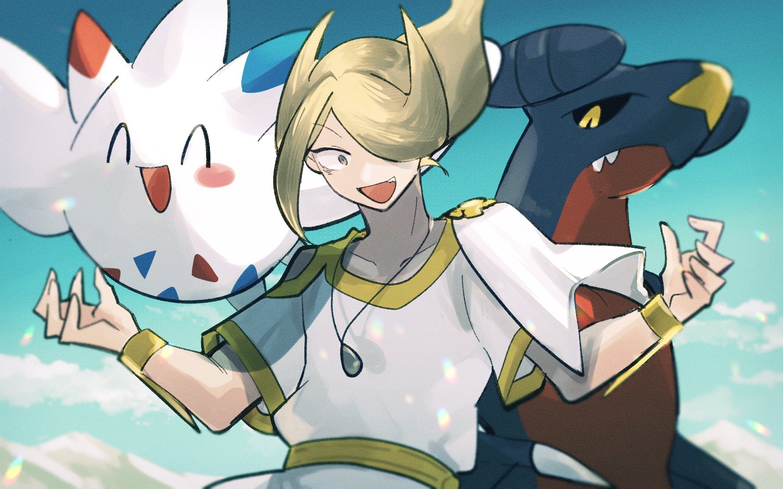 zowpltvujg13047, garchomp, togekiss, volo (pokemon), nintendo, pokemon, pokemon legends: arceus, commentary, highres, 1boy, ^ ^, black sclera, blonde hair, blue sky, closed eyes, cloud, colored sclera, day, gen 4 pokemon, hair over one eye, jewelry, male focus, open mouth, outdoors, pendant, pokemon (creature), short sleeves, sky, upper body, yellow eyes