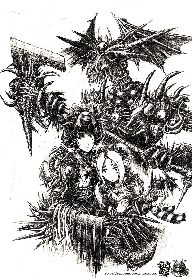 j-e-m-g, 2girls, axe, black hair, blonde hair, bobby socks, crystal, dress, greyscale, hat, mob cap, monochrome, monster, multiple girls, puffy short sleeves, puffy sleeves, red dress, red eyes, shaded face, short sleeves, side ponytail, simple background, socks, standing, weapon, white background