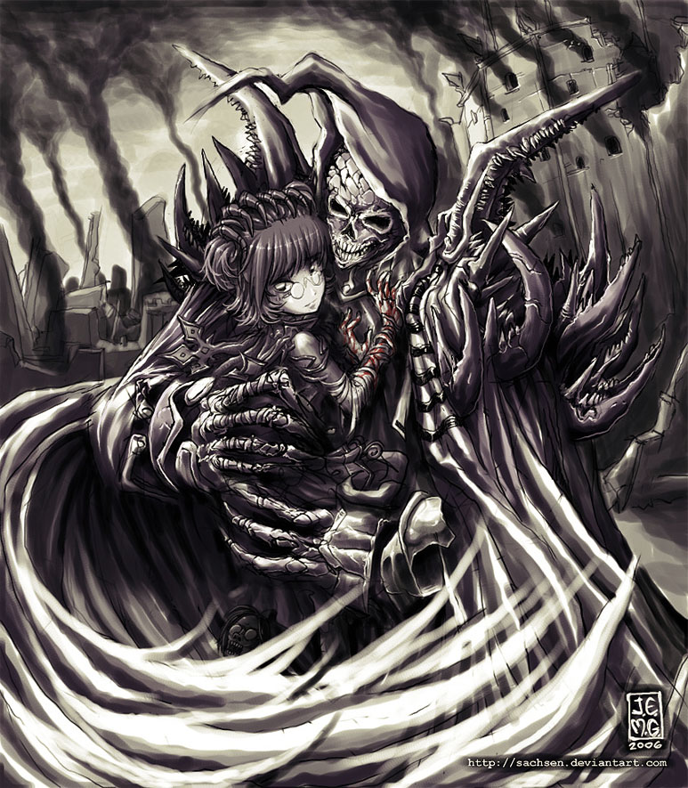 j-e-m-g, 1girl, armor, blood, brown theme, glasses, hug, monochrome, ruins, skeleton, smoke, spot color