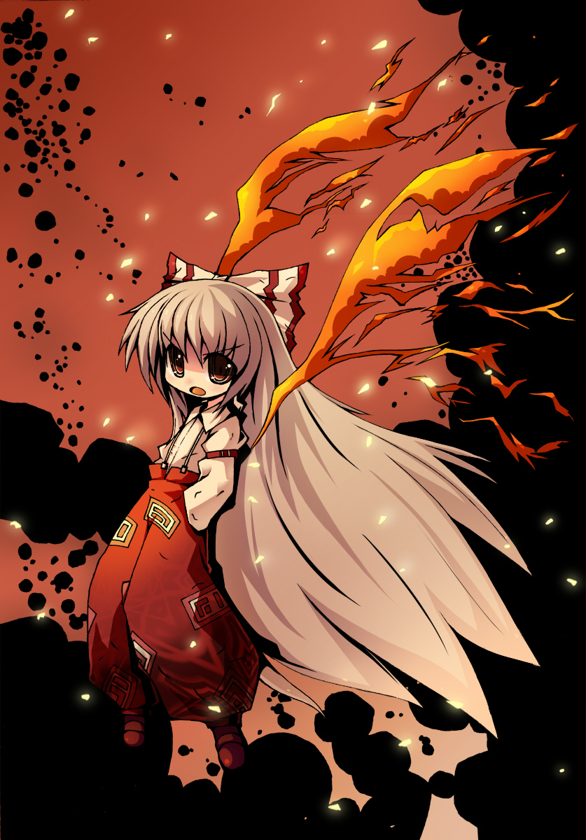 hebereke black, fujiwara no mokou, touhou, silver hair, highres, 1girl, black background, bow, chibi, female focus, fire, full body, hair bow, long hair, red eyes, solo, standing, suspenders