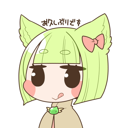acolyte (ragnarok online), poporing, ragnarok online, commentary request, lowres, translation request, 1girl, :q, animal ears, black eyes, blunt bangs, bow, brooch, brown capelet, capelet, cat ears, cat girl, closed mouth, green hair, hair bow, jewelry, looking at viewer, oekakipikki, pink bow, short hair, simple background, smile, solo, tongue, tongue out, upper body, white background