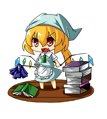 eiri (eirri), flandre scarlet, touhou, bad id, bad pixiv id, lowres, 1girl, alternate costume, apron, blonde hair, book, chibi, duster, enmaided, fang, female focus, headscarf, maid, maid apron, ponytail, red eyes, short hair, solo, white headscarf, wings