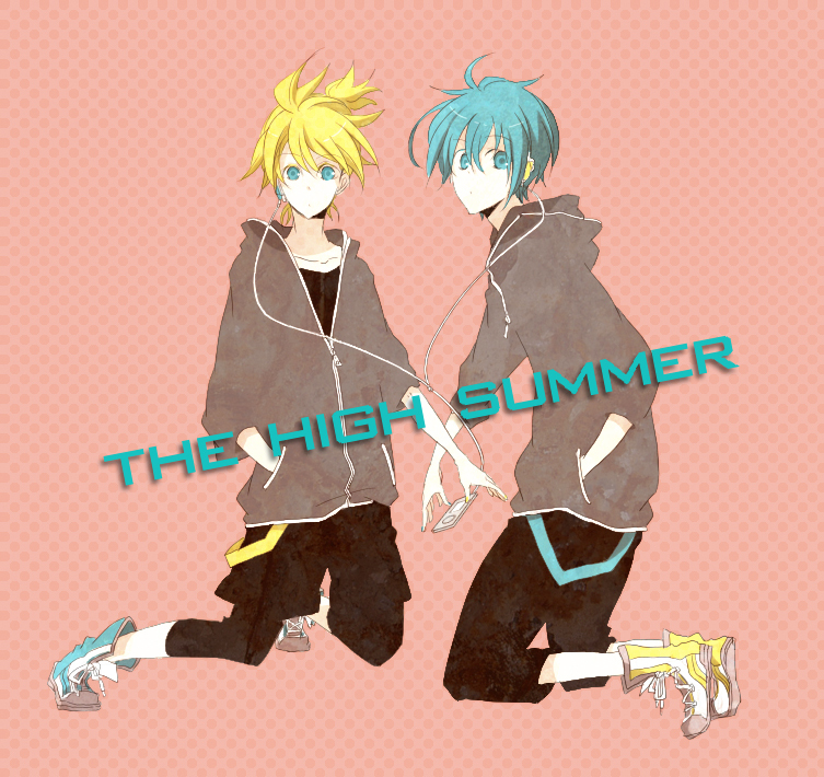 kazuta, hatsune mikuo, kagamine len, vocaloid, bad id, bad piapro id, 2boys, aqua eyes, aqua hair, blonde hair, casual, genderswap, genderswap (ftm), headphones, hood, hoodie, ipod, ipod nano, ipod nano 2g, male focus, mp3 player, multiple boys, short hair