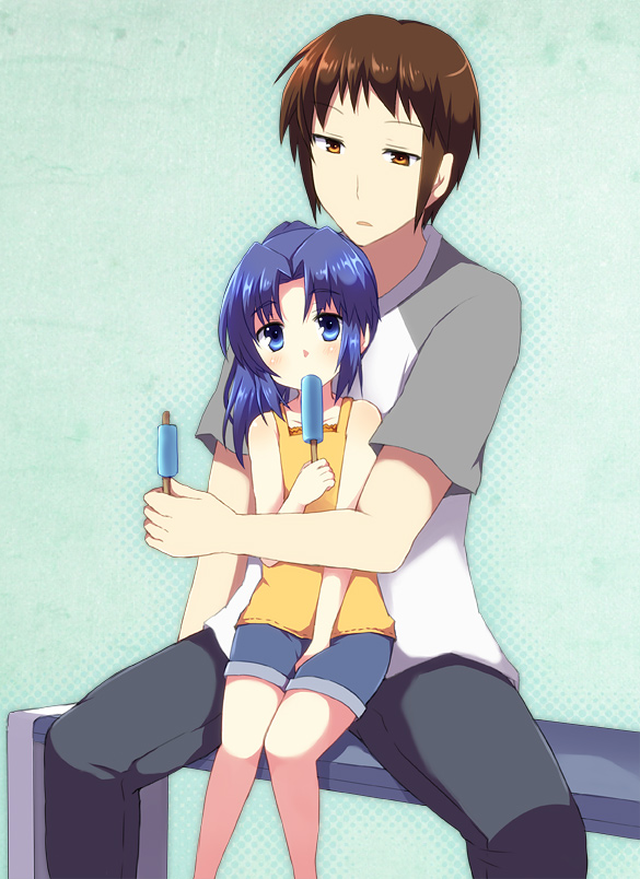inui nagi, asakura ryoko, kyon, suzumiya haruhi no yuuutsu, 00s, 1boy, 1girl, aged down, bench, blue eyes, blue hair, blush, child, long hair, popsicle, raglan sleeves, shorts, sitting, sitting on lap, sitting on person